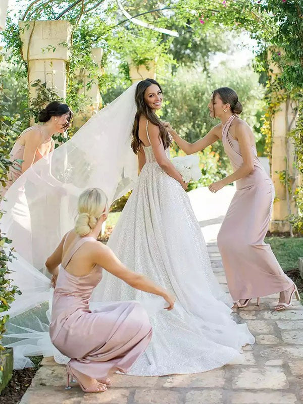 Wholesale Sheath/Column Silk like Satin Ruched V-neck Sleeveless Floor-Length Bridesmaid Dresses